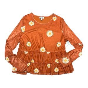 Love Fire Orange Daisy Print Mesh Overlay Top Girl L
